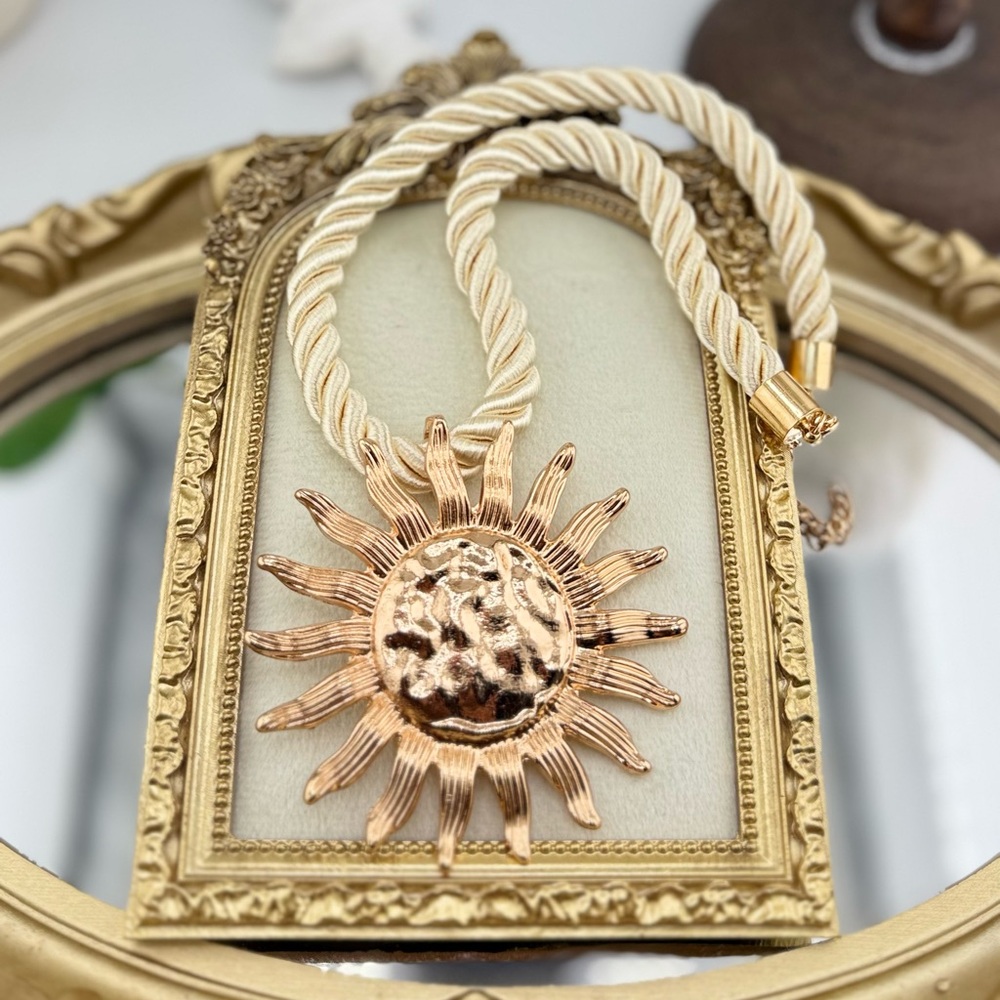 Statement Sun Pendant Necklace | Bold Boho Style | Twisted Rope Chain - Picture 3 of 10